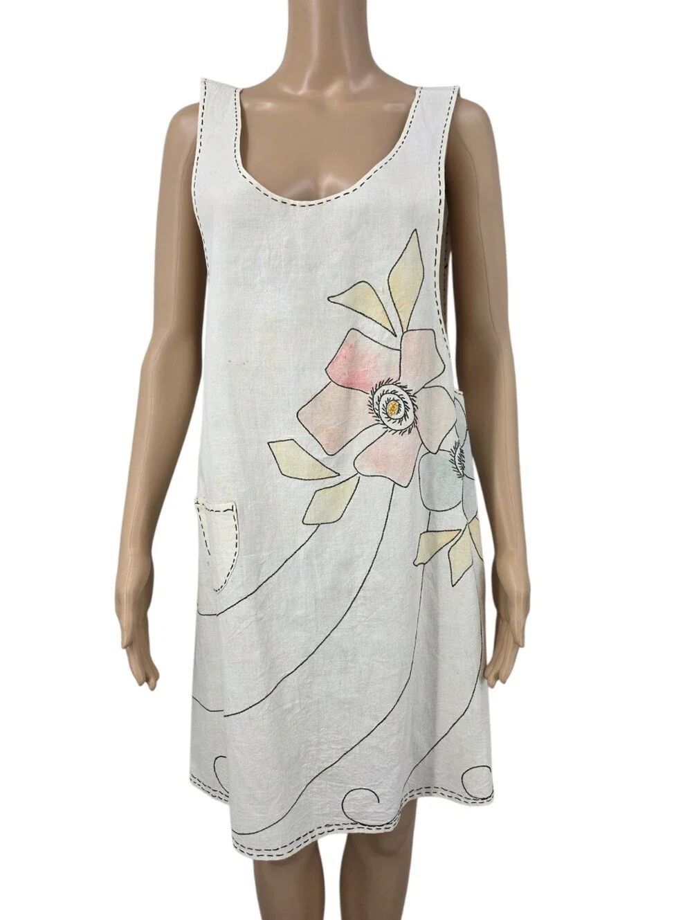 Early 1900s Hand-Embroidered Hand Painted Cream Floral Kitchen Apron Pinafore